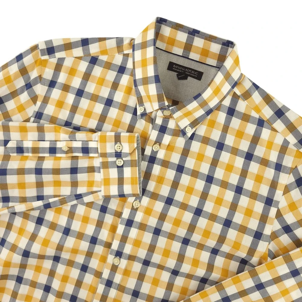 Banana Republic Oxford Dress Shirt Mens L Yellow Blue Gingham Slim Fit Non Iron